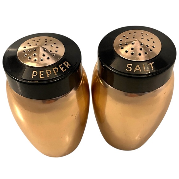 Vintage Aluminum Copper Finish Salt & Pepper Shakers Black Lids Lettering NICE - Picture 2 of 11